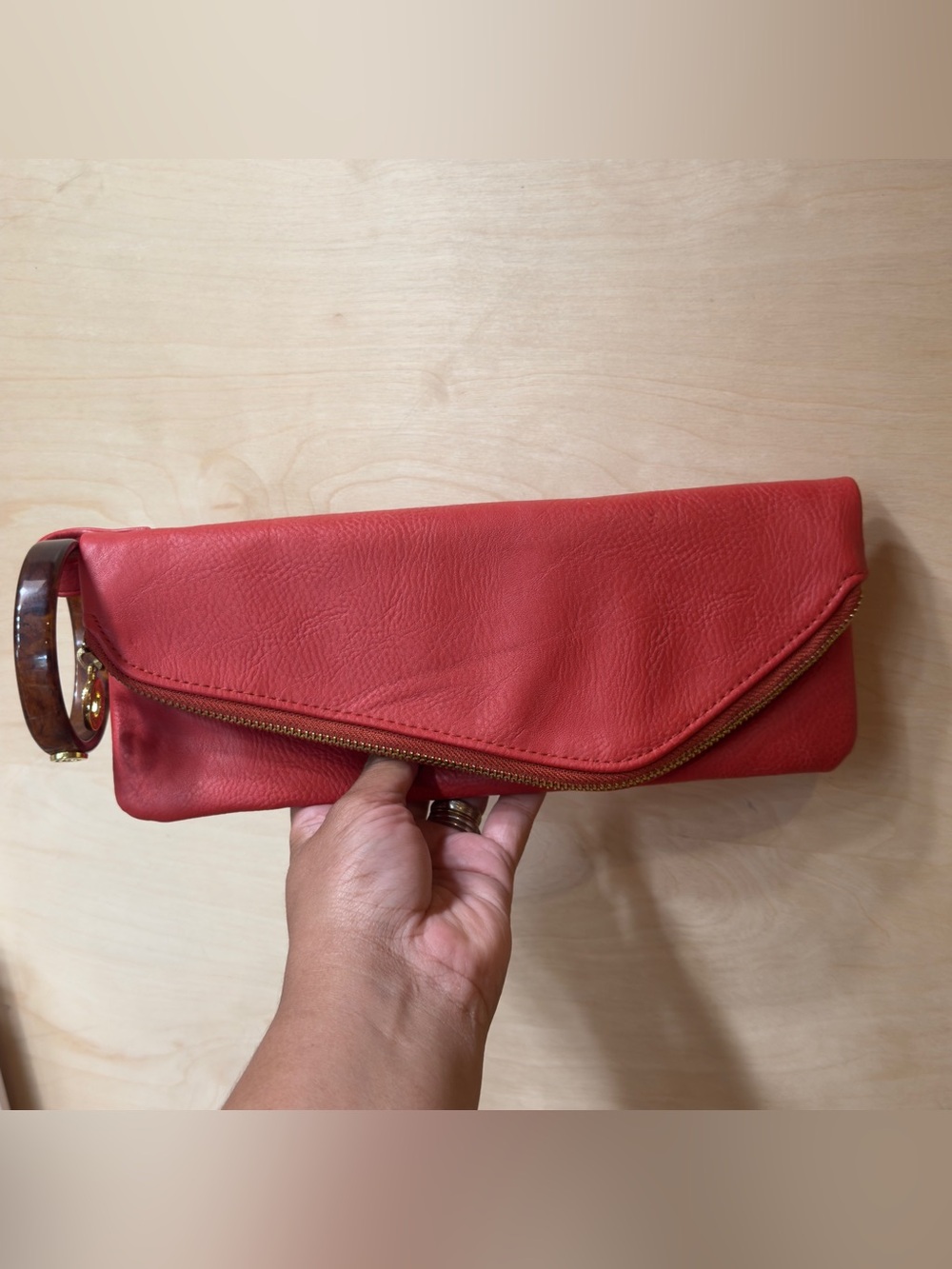 Mud pie Red orange Leather Fold-Over Wristlet Clutch - Picture 2 of 8